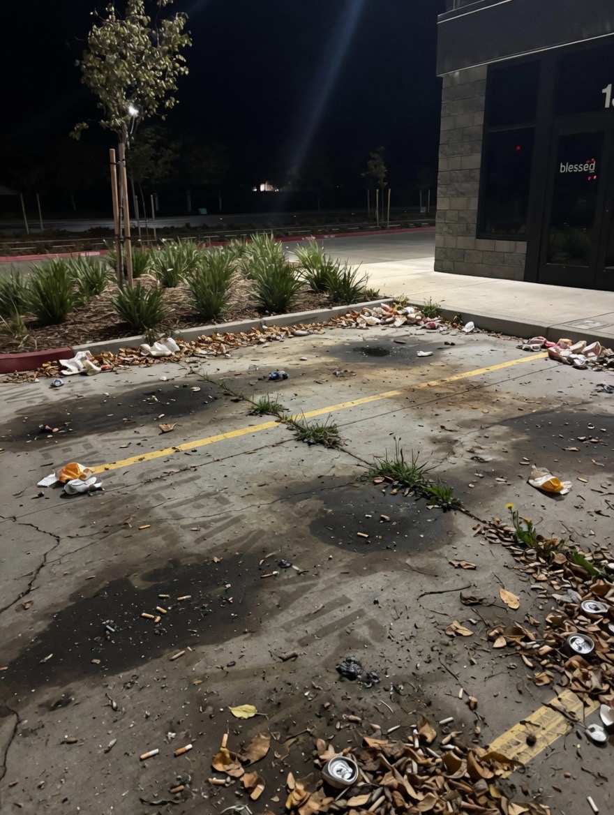 Commercial parking lot after pressure washing